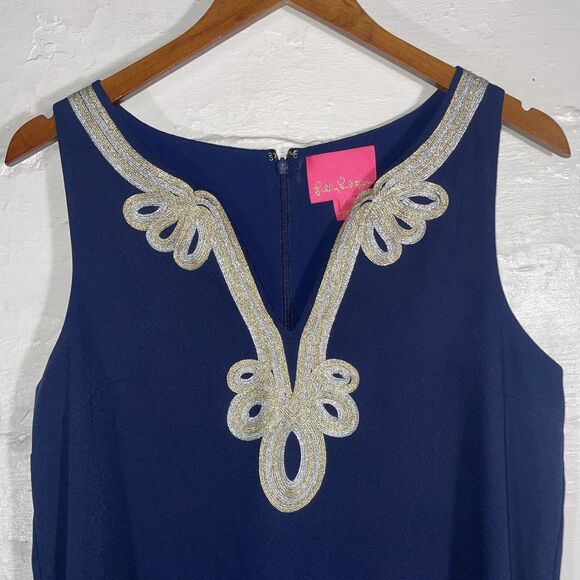 Lilly Pulitzer Navy Blue Shift Dress Size 8 Gold Silver Embroidered Resort Wear - Picture 3 of 11